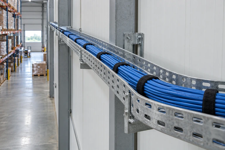 Cableado de datos organizado sobre una bandeja en una nave